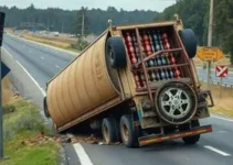carreta carregada de cerveja tomba na MG-129